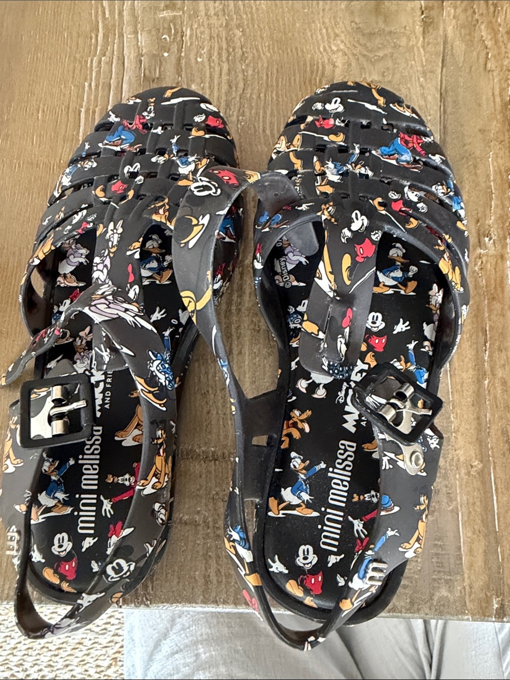 Barely Worn Mini Melissa Black Jelly Sandals with Mickey & Friends Print
